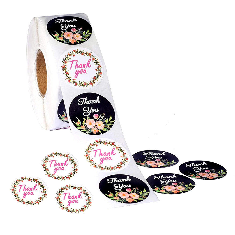 Glänzende Etiketten - Aufkleber  Thank you!  (Vielen Dank!) mit bunten Blumenkränzen