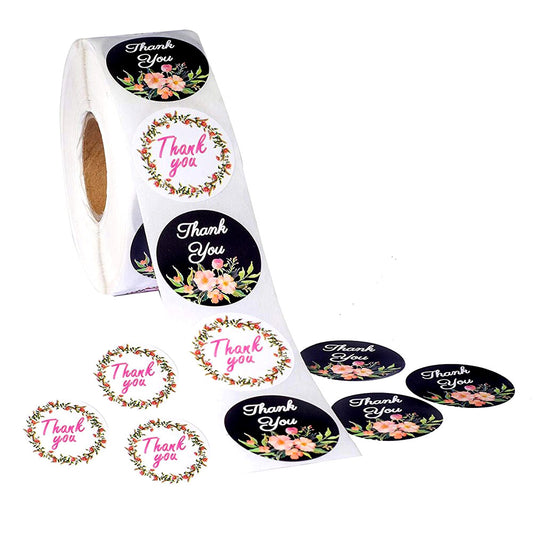 Glänzende Etiketten - Aufkleber  Thank you!  (Vielen Dank!) mit bunten Blumenkränzen