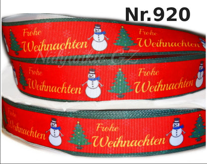 Exklusives  Frohe Weihnachten -Band mit Tannenbaum & Schneemann – 25mm