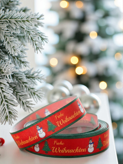 Exklusives  Frohe Weihnachten -Band mit Tannenbaum & Schneemann – 25mm