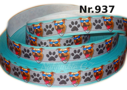 Exklusives  Amstaff mit Sonnenbrille -Band mit Pfotenabdruck – 25mm