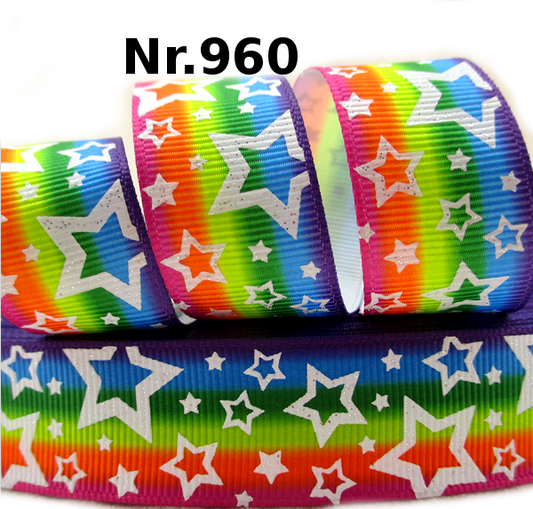 Regenbogen Sterne Ripsband – Bunter Farbverlauf mit Silber-Glitzer