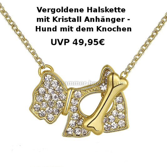 Vergoldete Halskette mit Kristallanhänger - Hund mit Knochen