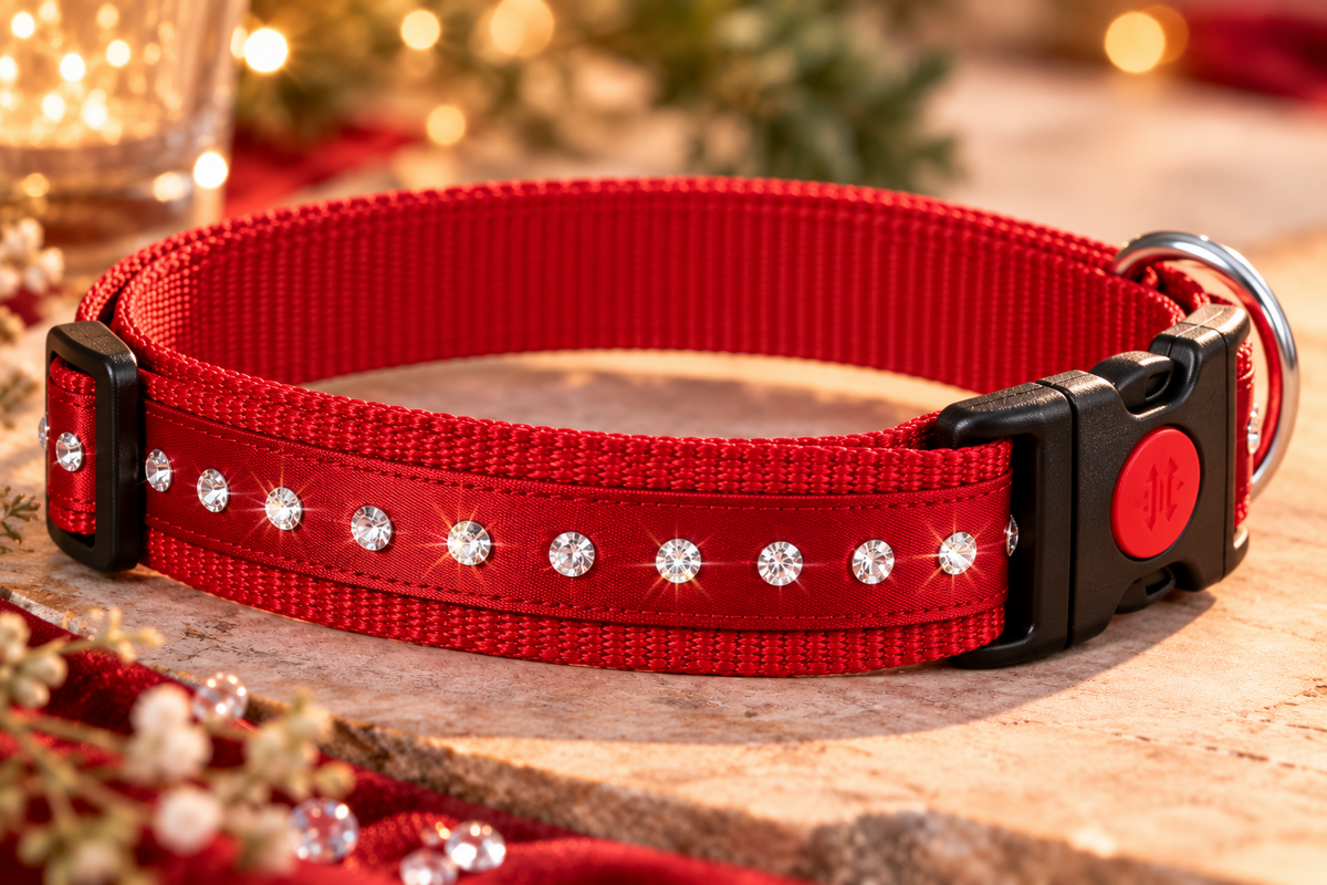 Nähbeispiel Rubinrot: Hundehalsband aus Satinband RB-760-Rot mit Strass, Gurtband Rot und Sicherheitsklickverschluss. Materialset zum Selbernähen.