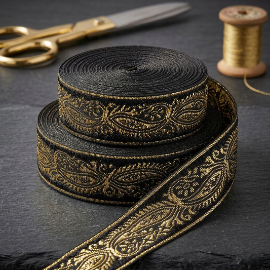 🌟 Luxuriöses Webband mit goldenen Paisleymustern – 25 mm Schwarz-Gold ✨