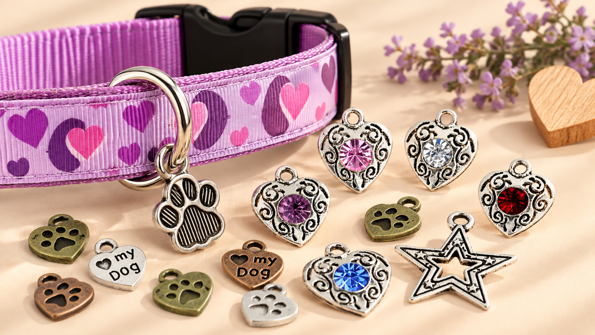 Halsbandschmuck und Anhänger an einem Hundehalsband
