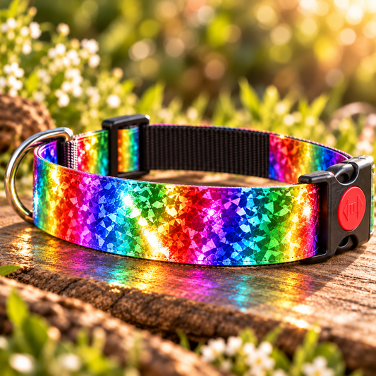 Nähbeispiel Rainbow Vibes: Hundehalsband aus Hologramm-Ripsband RB-2685, Gurtband Schwarz und Sicherheitsklickverschluss. Materialset zum Selbernähen.
