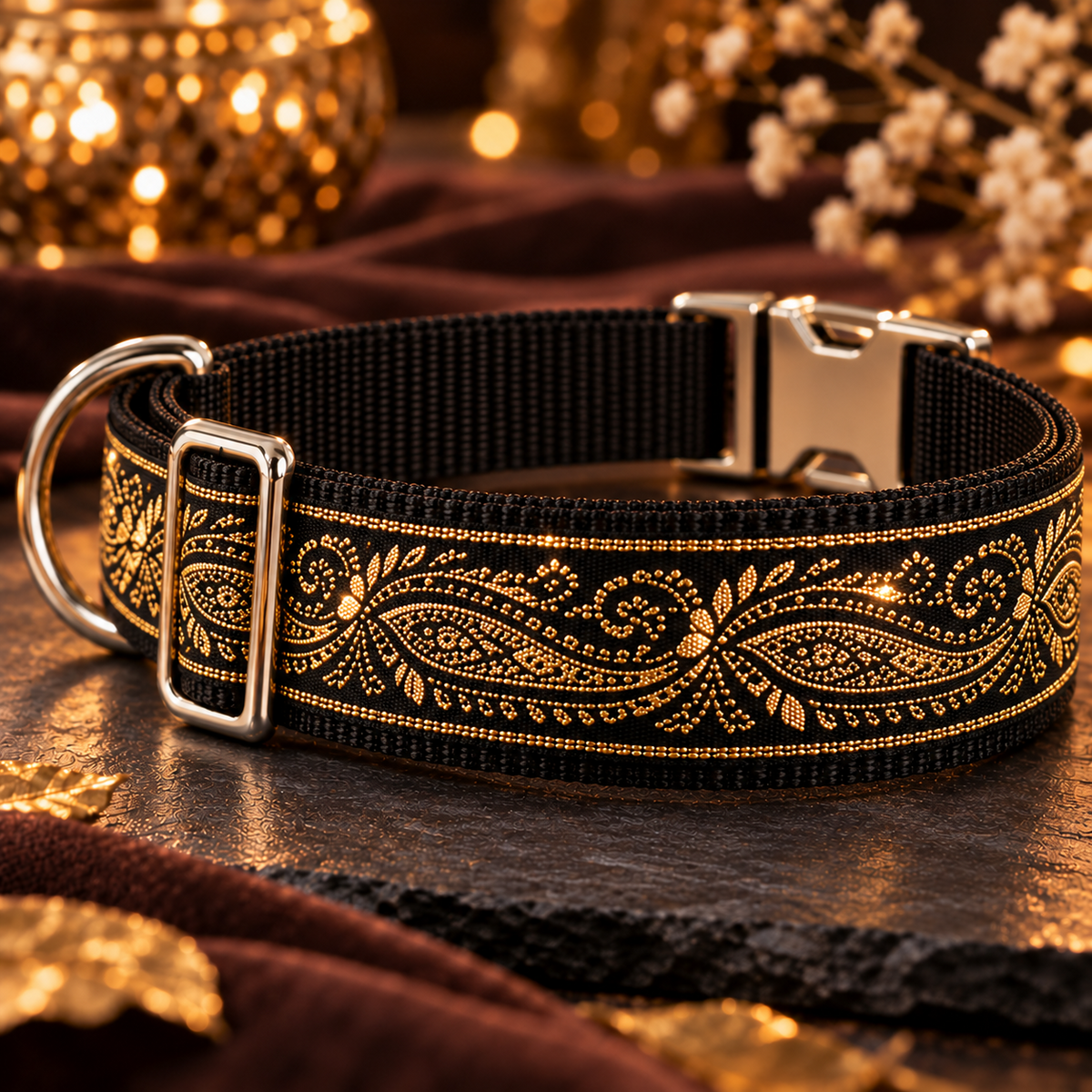 Nähbeispiel Black & Gold: Hundehalsband aus Webband WB-2522, Gurtband Schwarz und Metall-Klickverschluss. Materialset zum Selbernähen.