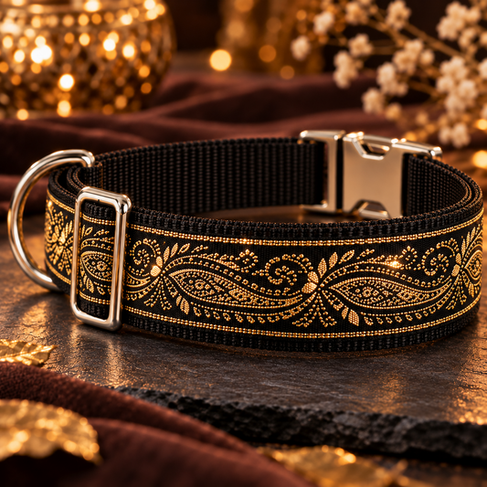 Nähbeispiel Black & Gold: Hundehalsband aus Webband WB-2522, Gurtband Schwarz und Metall-Klickverschluss. Materialset zum Selbernähen.