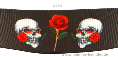 Exklusives  Totenköpfe mit Rosen  Band – Schwarz & Rot, 22mm