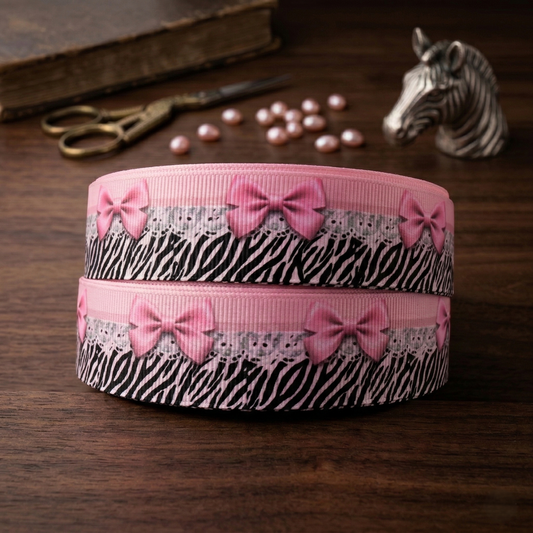 Zebra pattern ribbon with pink stripes &amp; bow – 25mm