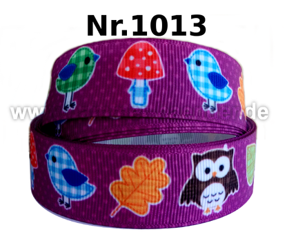 Patchwork ribbon with chicks, owl &amp; mushrooms – 22mm
