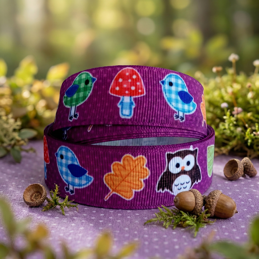 Patchwork ribbon with chicks, owl &amp; mushrooms – 22mm