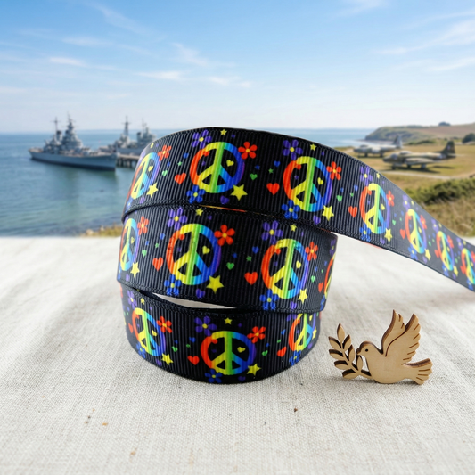 Colorful peace sign ribbon with flowers &amp; hearts – 22mm