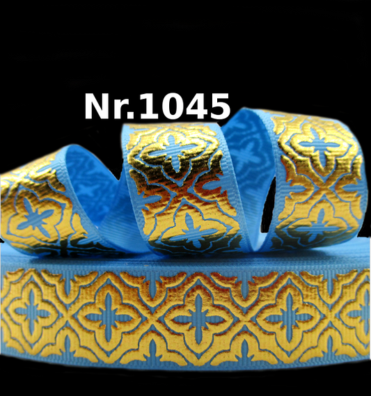 Elegantes Ornament-Band mit goldener Folierung – 22mm in Hellblau