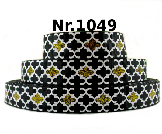 Schwarz-Weiß Ornament-Band mit goldenem Glitzer – 22mm