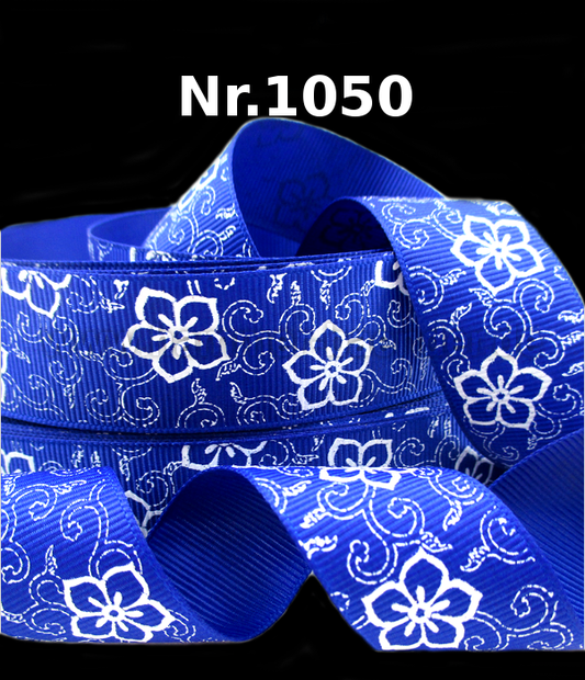 Blumen- und Ranken-Band auf Blau – 25mm