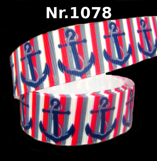 Maritimes Anker-Band auf Grau-Weiß-Rot – 22mm