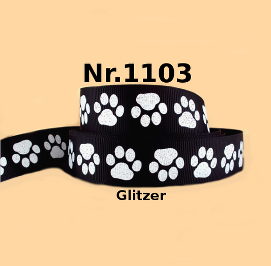 Glitzerndes Pfoten-Band auf Schwarz – 22mm