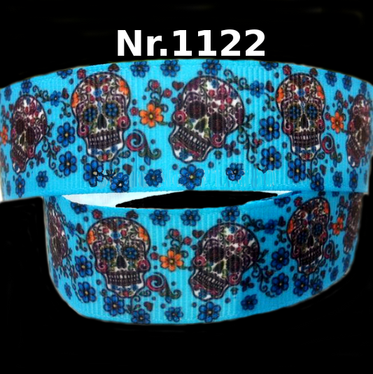 Fröhliches Sugar Skull Band mit Blumen auf Hellblau – 22mm