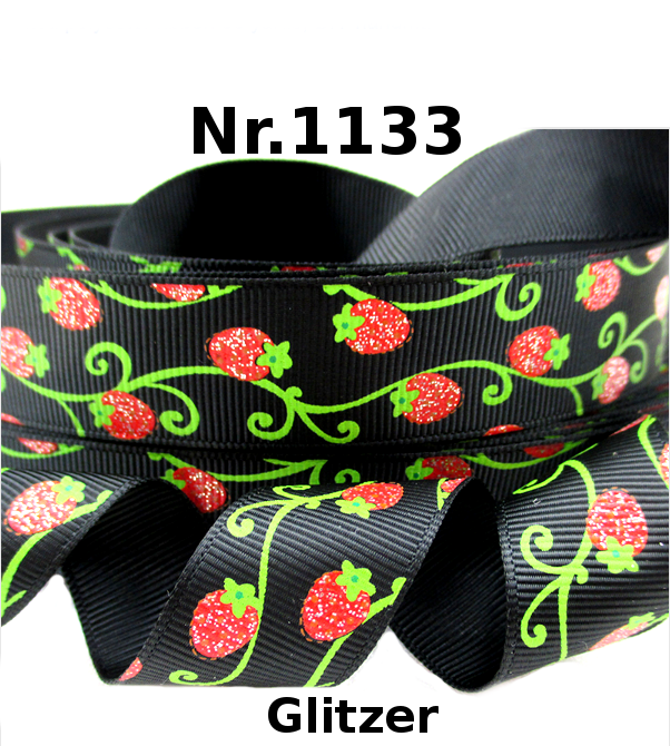 Glitzerndes Erdbeer-Band mit Ranken auf Schwarz – 22mm