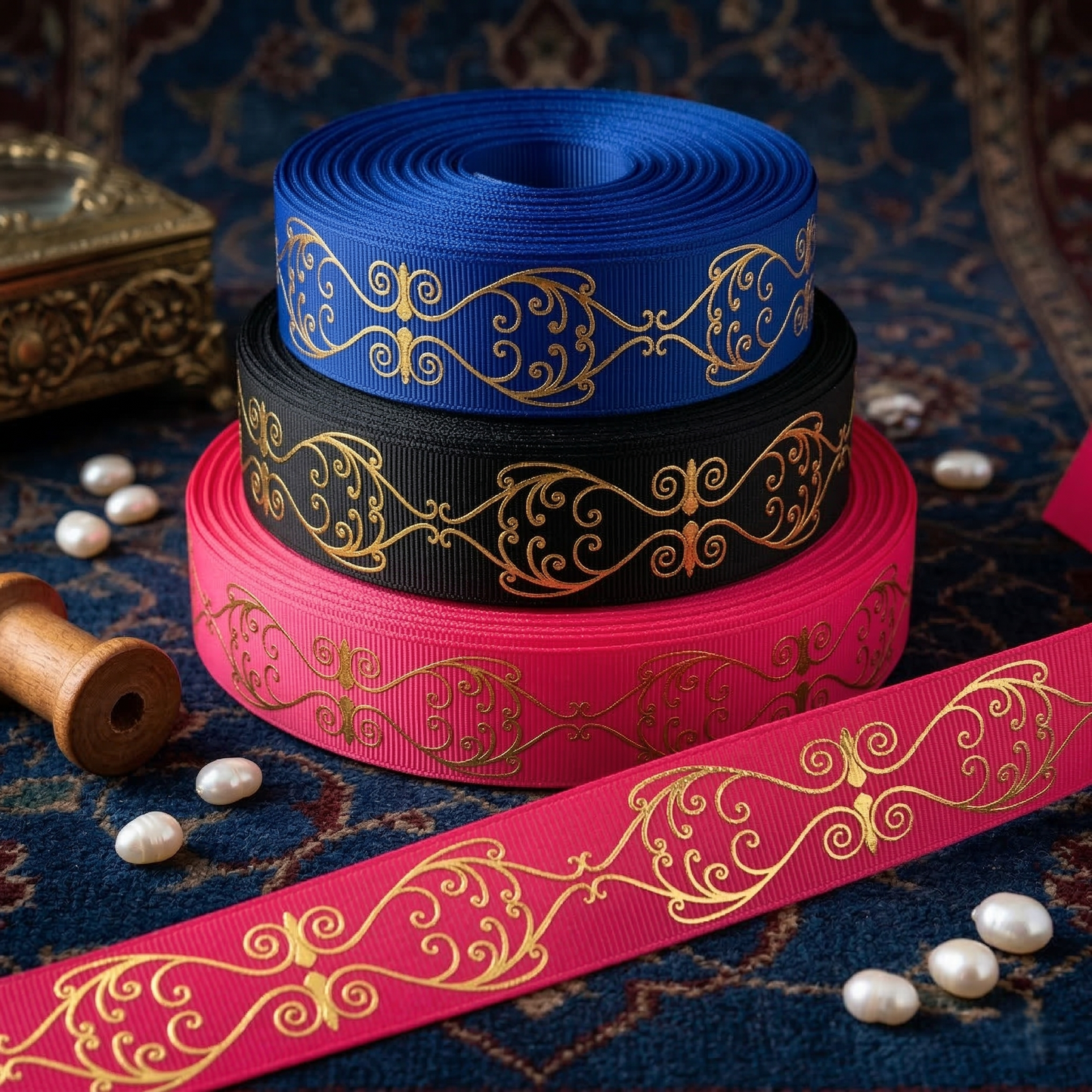 🏛️ „Orientalischer Luxus“ – Edles Ripsband mit goldfolierten Ornamenten in Royalblau, Schwarz & Rot ✨
