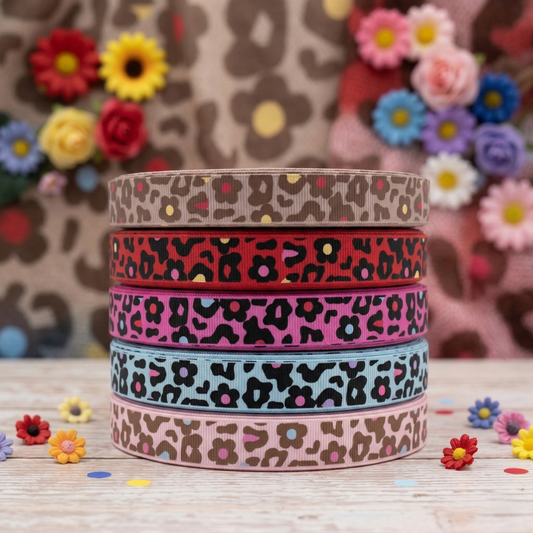 Grosgrain ribbon "LeoFlower" Leopard &amp; Flowers – 16mm (Various Colors)