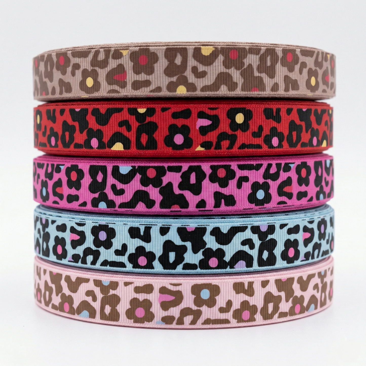 Grosgrain ribbon "LeoFlower" Leopard &amp; Flowers – 16mm (Various Colors)