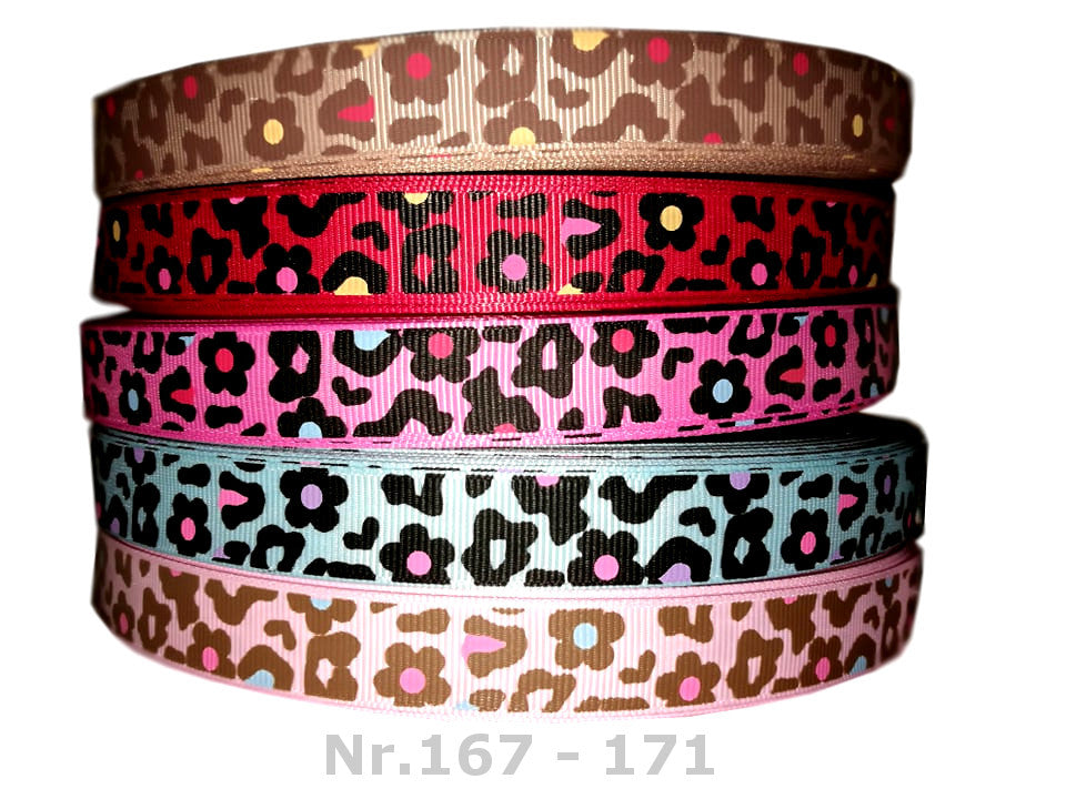 Ripsband "LeoFlower" Leopard & Blumen – 16mm (Versch. Farben)