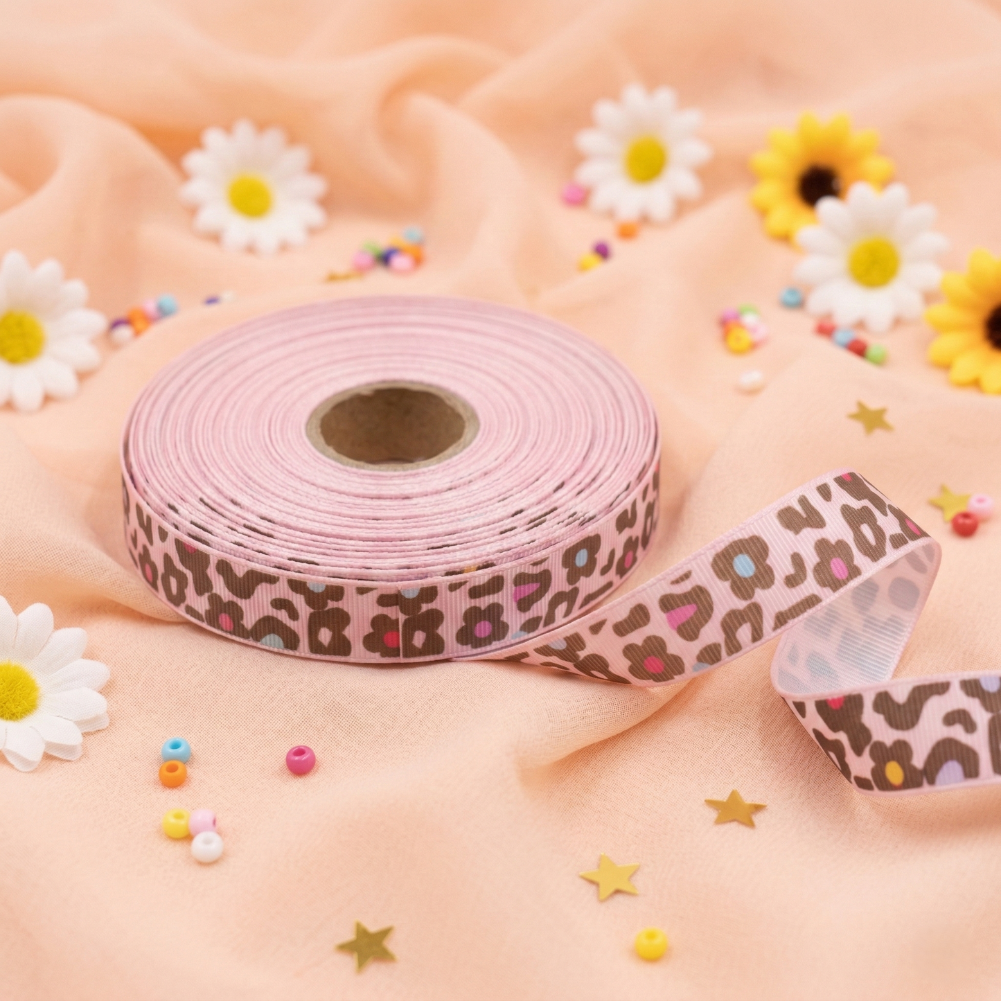 Grosgrain ribbon "LeoFlower" Leopard &amp; Flowers – 16mm (Various Colors)
