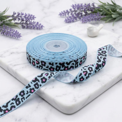 Grosgrain ribbon "LeoFlower" Leopard &amp; Flowers – 16mm (Various Colors)