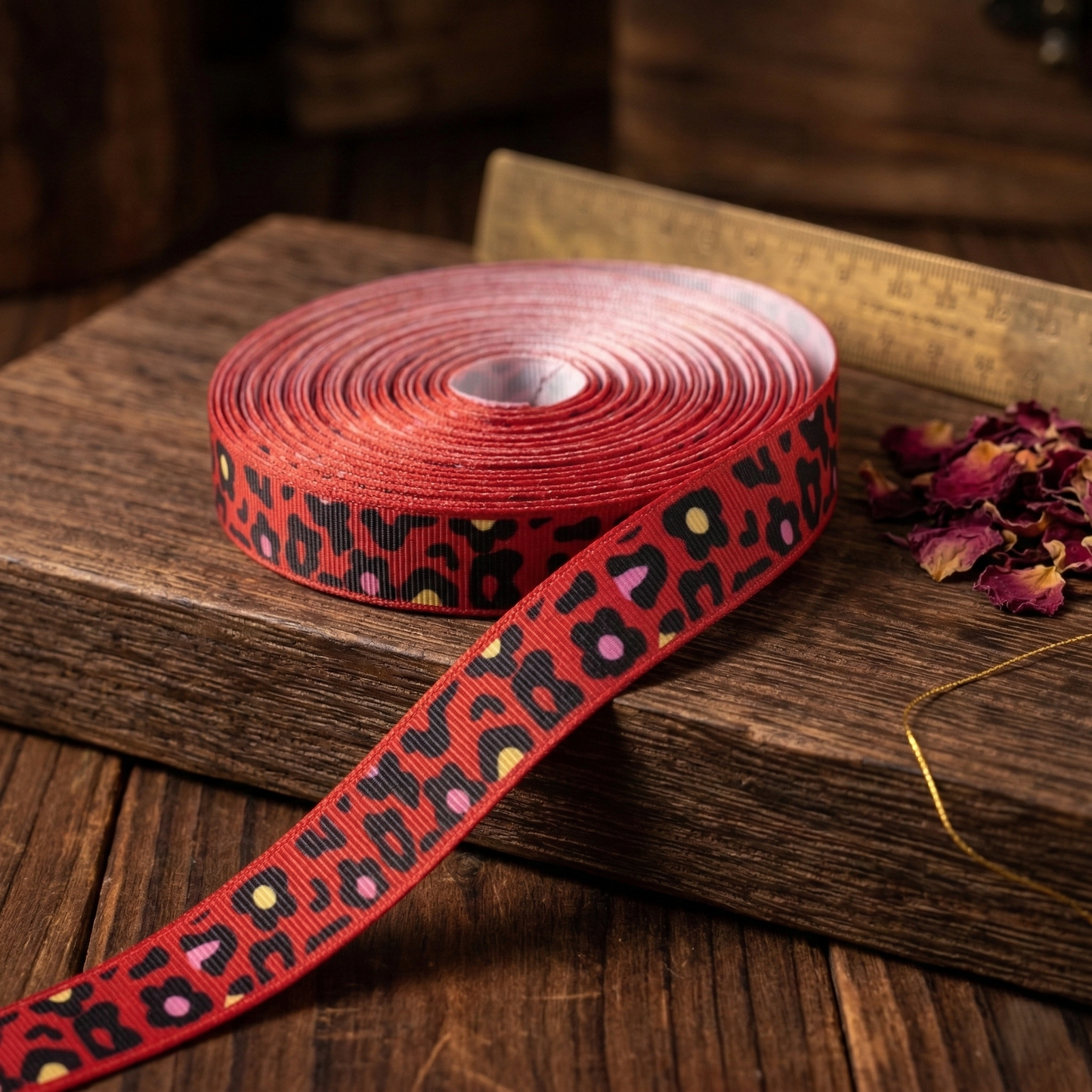 Grosgrain ribbon "LeoFlower" Leopard &amp; Flowers – 16mm (Various Colors)