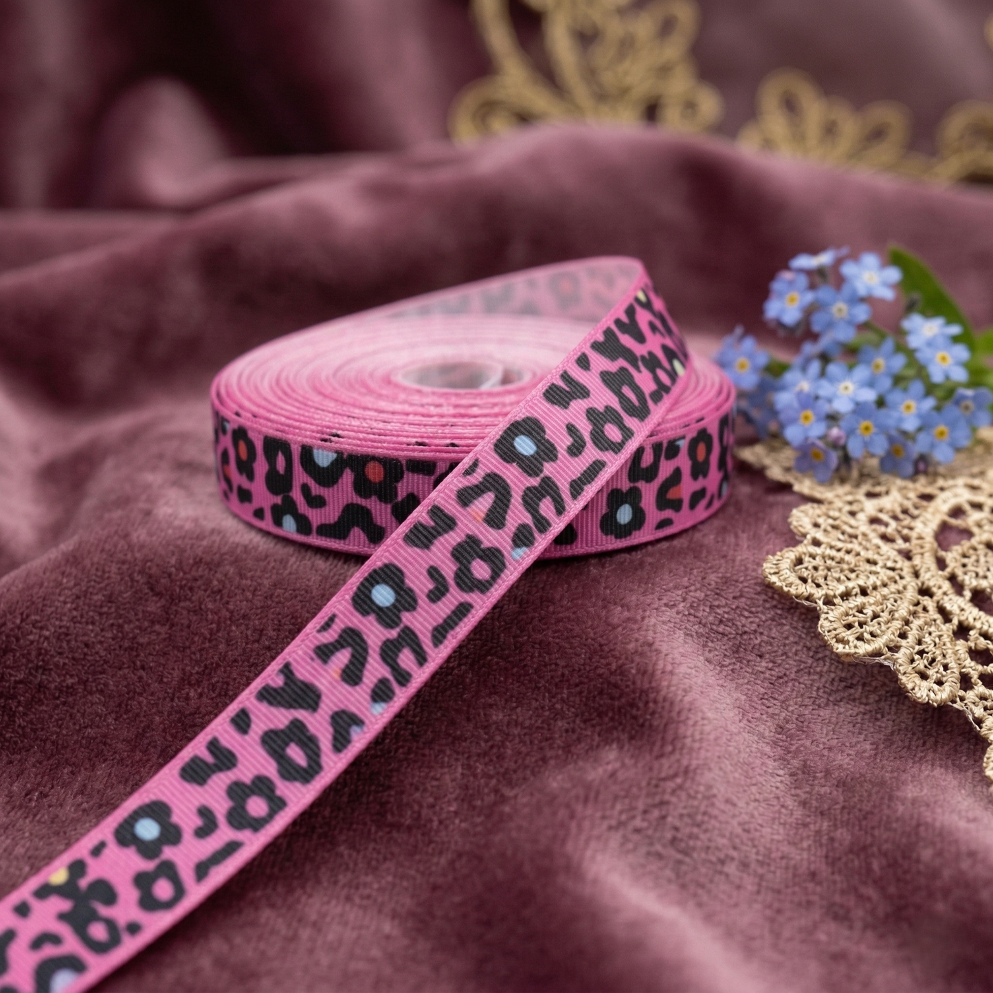 Grosgrain ribbon "LeoFlower" Leopard &amp; Flowers – 16mm (Various Colors)