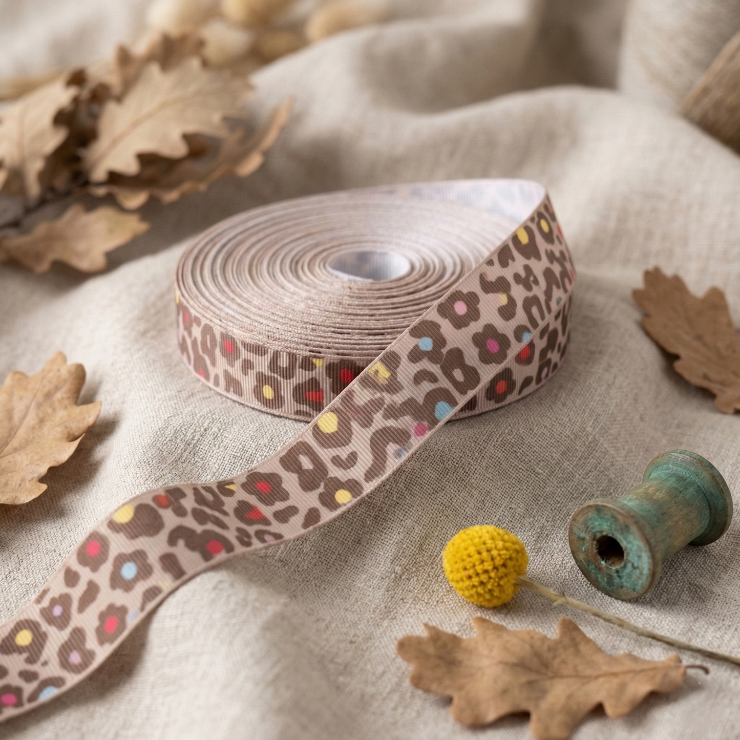 Grosgrain ribbon "LeoFlower" Leopard &amp; Flowers – 16mm (Various Colors)