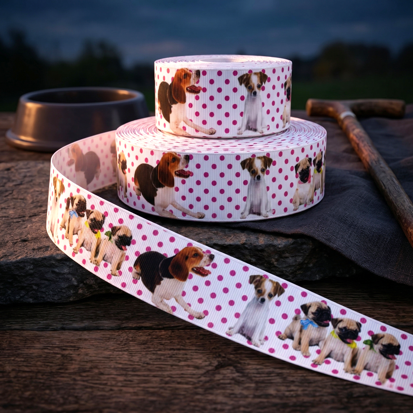 „Bunte Hunde-Parade auf Polka-Dots – Verspieltes 22 mm Band für Beagle- & Mops-Liebhaber“