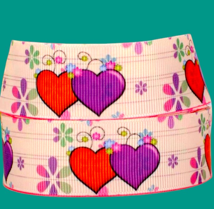„Duo Hearts“ – Herz & Blüten – Ripsband 25 mm