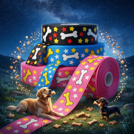 🦴✨ „Sternenzauber & Leckerli“ – Verspieltes Ripsband mit Knochen & Sternen in Pink, Blau & Schwarz 🦴✨22mm