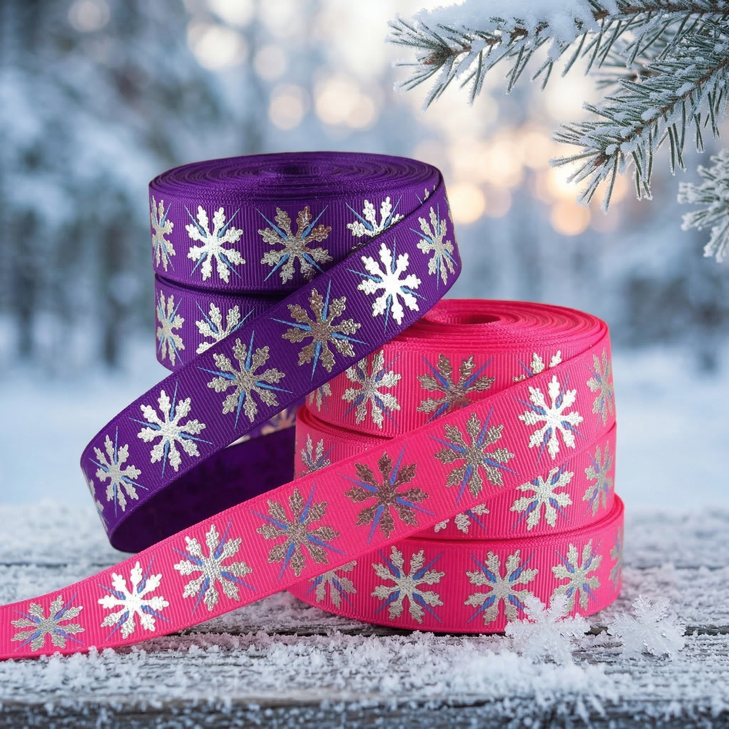 ❄️ Funkelnder Winterzauber – Ripsband mit folierten Schneeflocken in Lila & Pink ✨