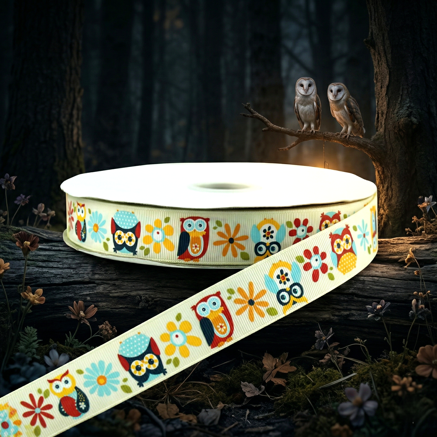 Bunte Eulen & Blumenwiese Ripsband 25mm