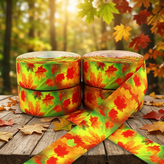 Autumnal Leaf Ribbon – 25mm | Vibrant colors in an autumnal design