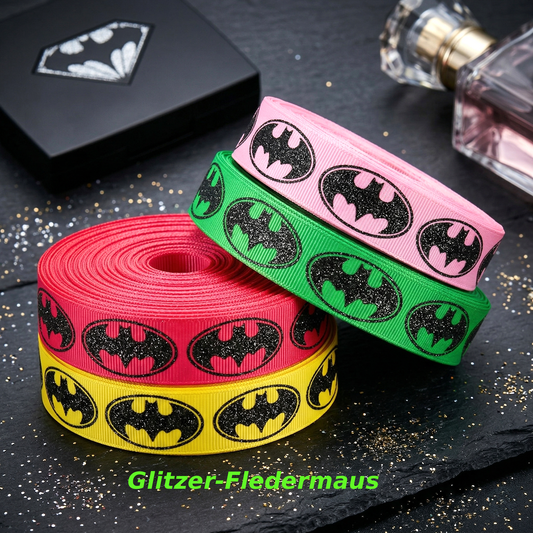 🦇 Fight with Glamour! – Glitzer-Fledermaus Ripsband in Magenta, Rosa & Gelb ✨