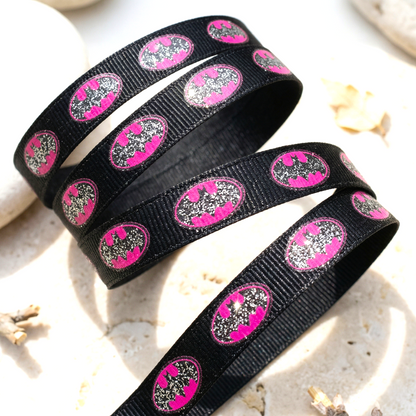 Superhelden-Glitzer Pink Ripsband 9mm