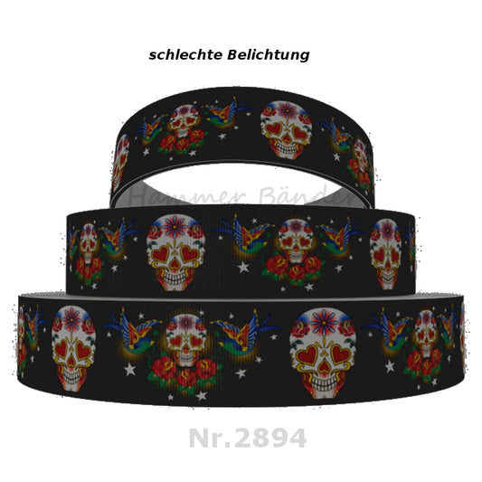 „Tattoo Heritage – Sugar Skull Ripsband mit Schwalben & Rosen“ 22 mm