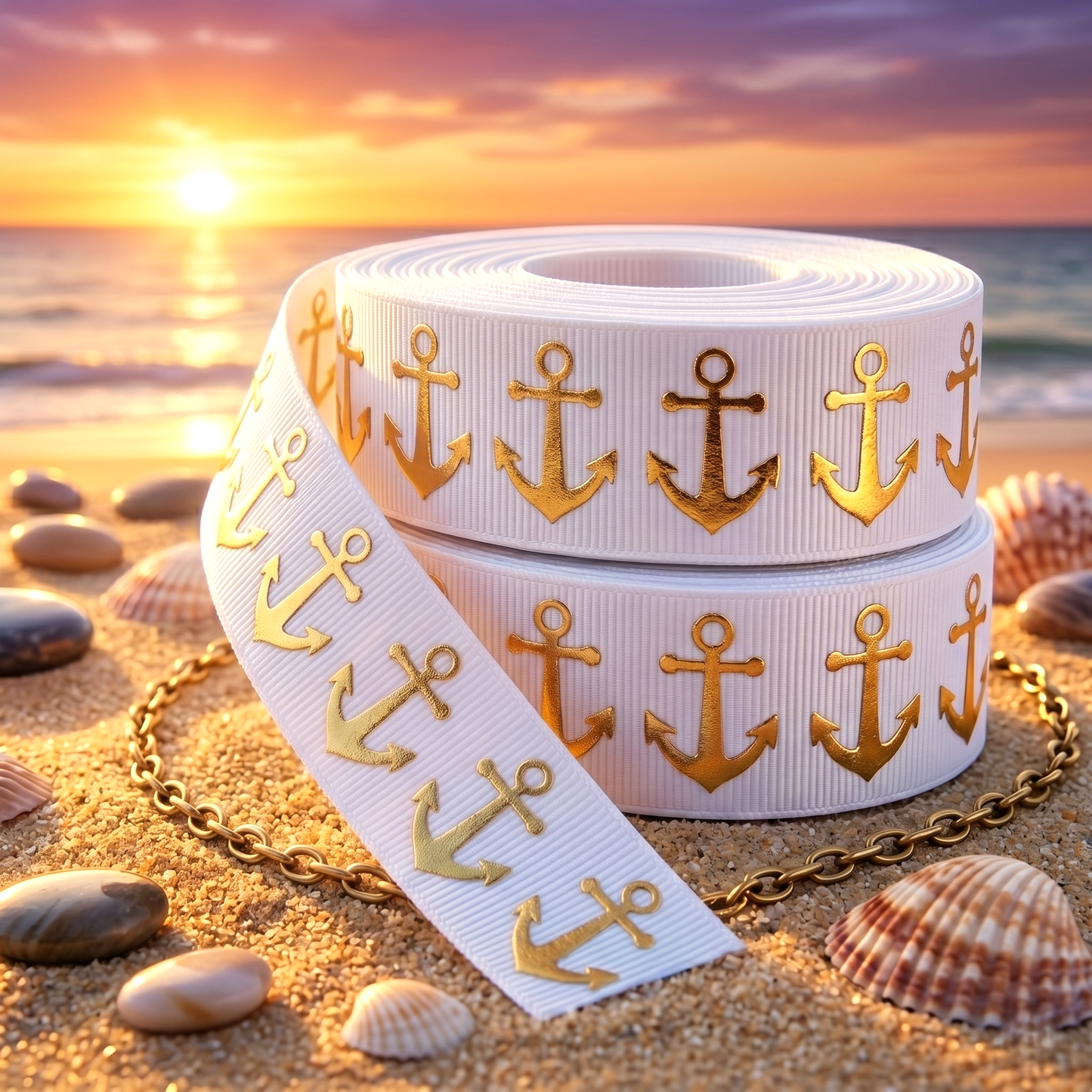 „Golden Anchor Glow – Edles Anker-Ripsband mit glänzendem Foliendruck“ 16 mm