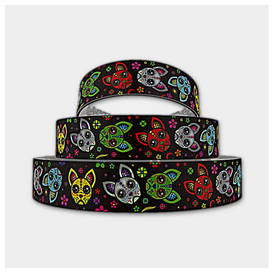 „Mexicana Dog Spirit – Farbenfrohes Masken-Ripsband für mystische Designs“ 16 mm