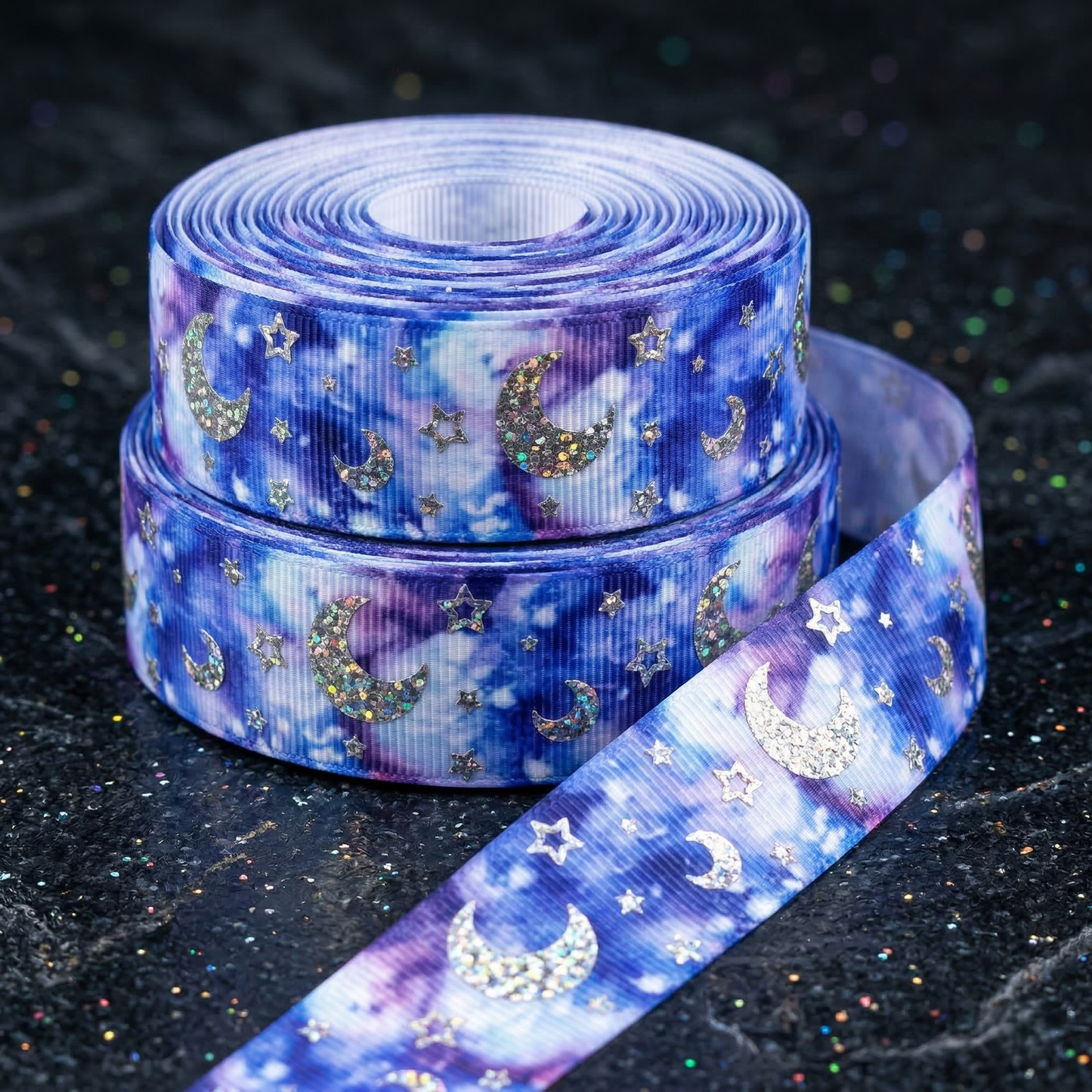 🌙 Funkelnder Sternenhimmel – Magisches Hologramm-Ripsband in Schwarz, Mint, Blau & Pink ✨