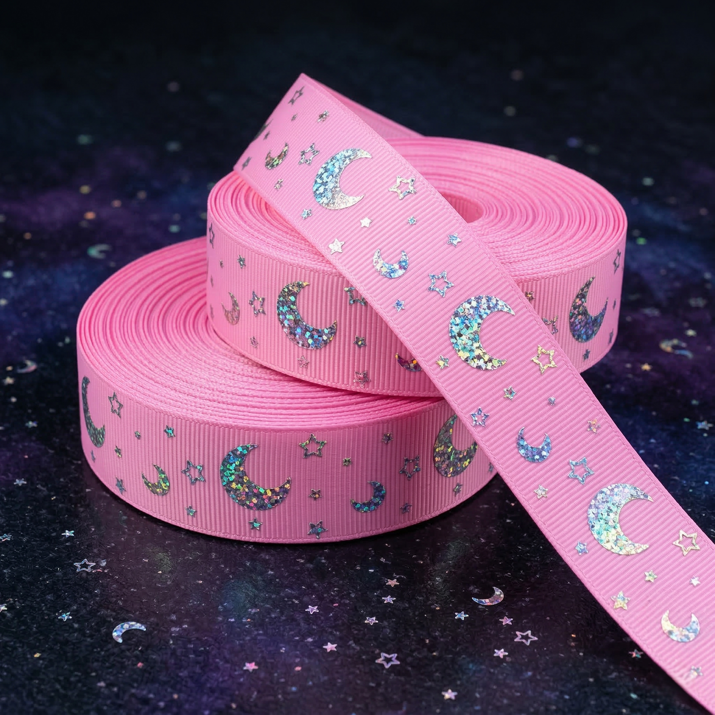 🌙 Funkelnder Sternenhimmel – Magisches Hologramm-Ripsband in Schwarz, Mint, Blau & Pink ✨