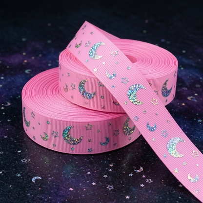 🌙 Funkelnder Sternenhimmel – Magisches Hologramm-Ripsband in Schwarz, Mint, Blau & Pink ✨