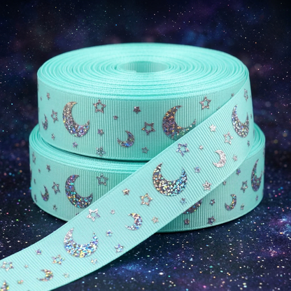 🌙 Funkelnder Sternenhimmel – Magisches Hologramm-Ripsband in Schwarz, Mint, Blau & Pink ✨