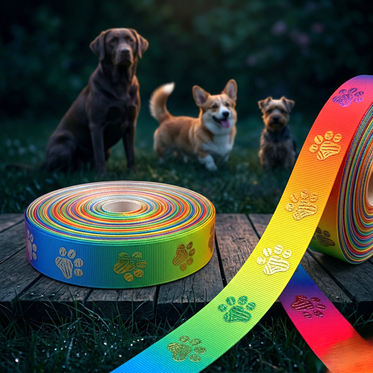Buntes Pfotenabdruck-Ripsband | Folienprägung, 16mm
